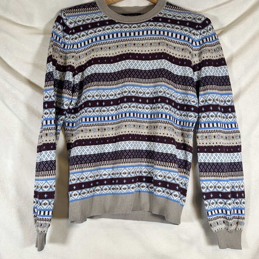 Ann Taylor Fair Isle Sweater Womens M Striped Crewneck Neck Knit Sparkle‎ Cotton